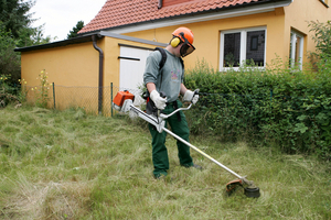 Foto: © Karin Desmarowitz Gärtner mit Laubmaschine